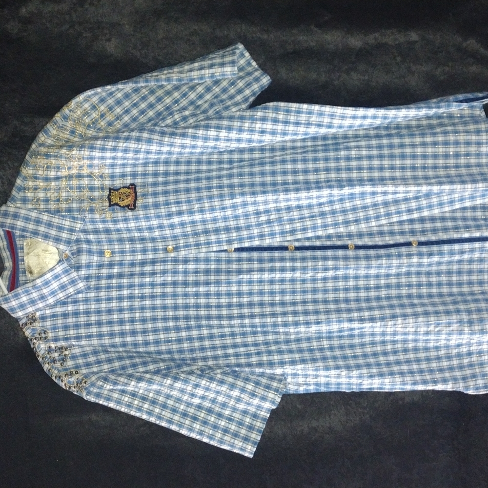 CROWN HOLDER ,XL,BLUE & GOLD BUTTON UP DRESS SHIRT